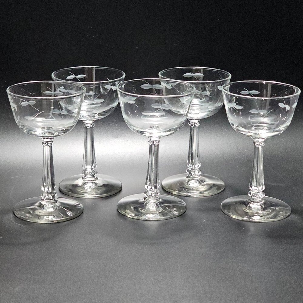 5 Libbey Windswept Liquor Cocktail Glasses 5.5" leaves 4oz vtg midcentury botani